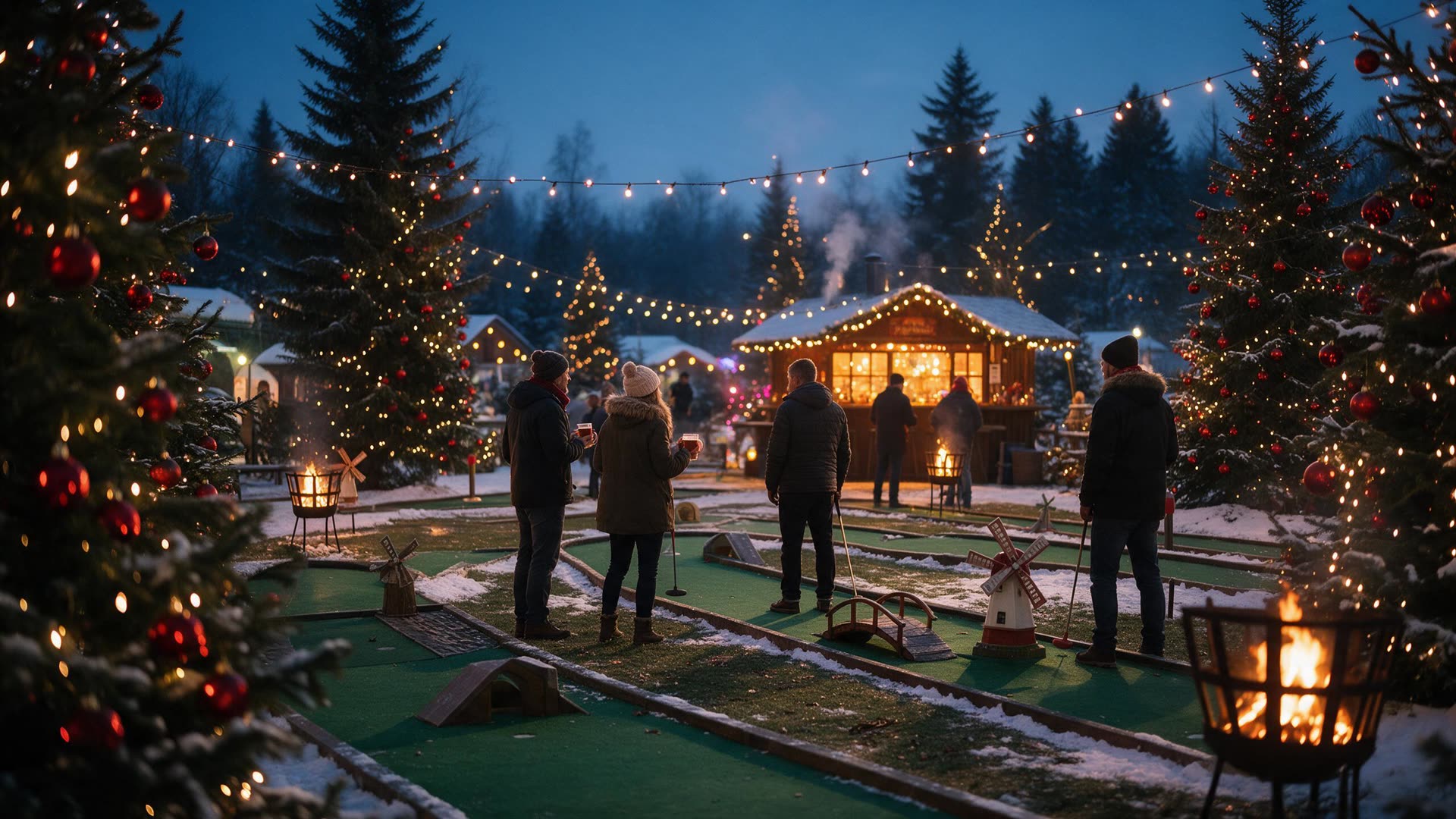 Stimmungsbild: geschmückte Minigolfanlage am Winterabend mit Lichterketten und Feuerkörben
