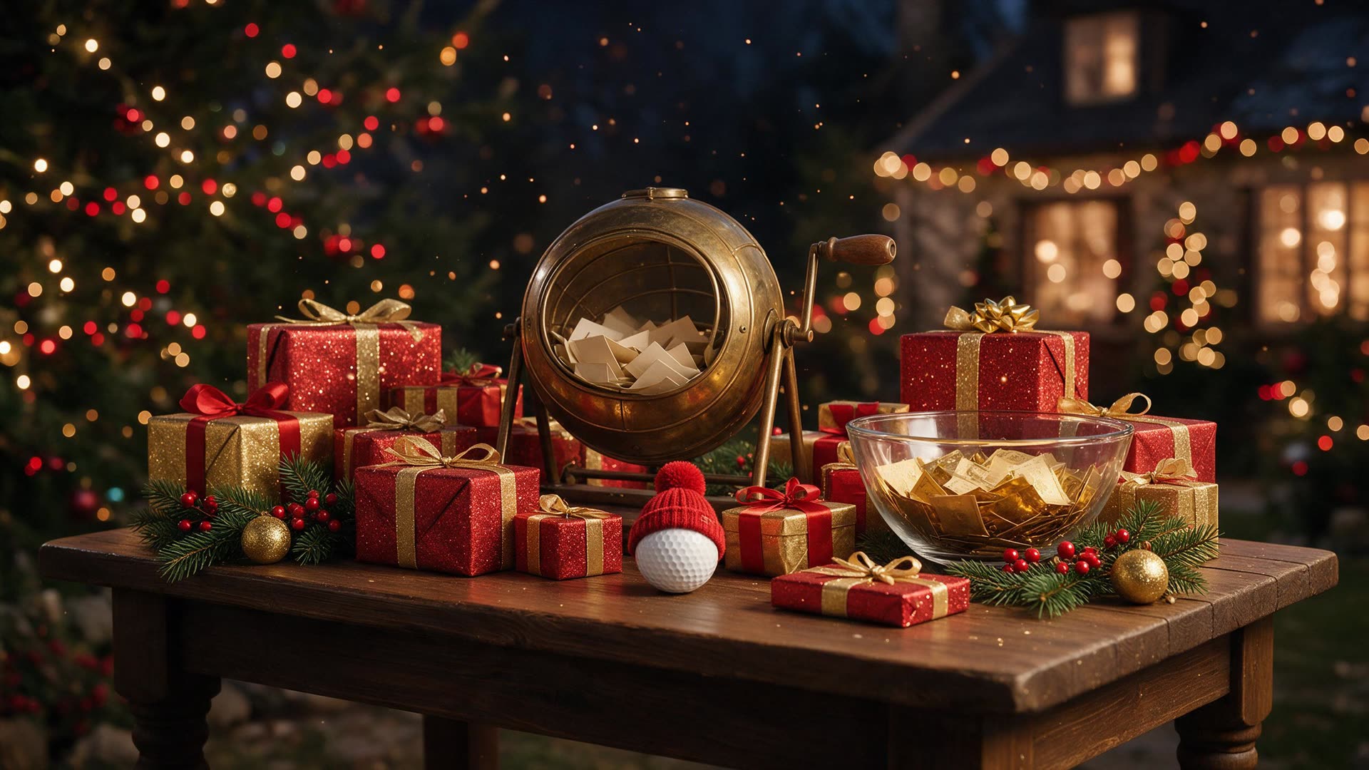 Lostrommel und verpackte Geschenke auf einem Holztisch